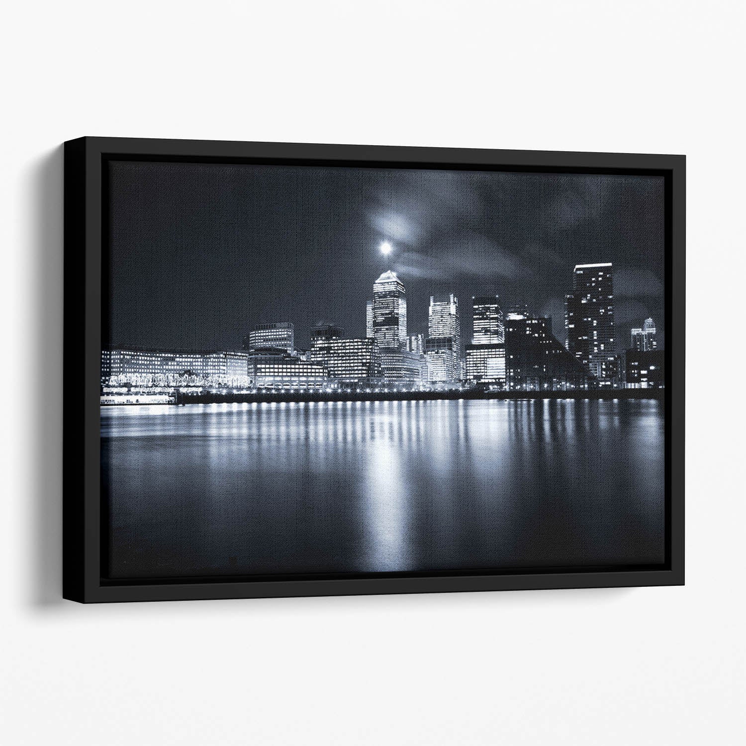 Full moon over London skyscrapers Floating Framed Canvas