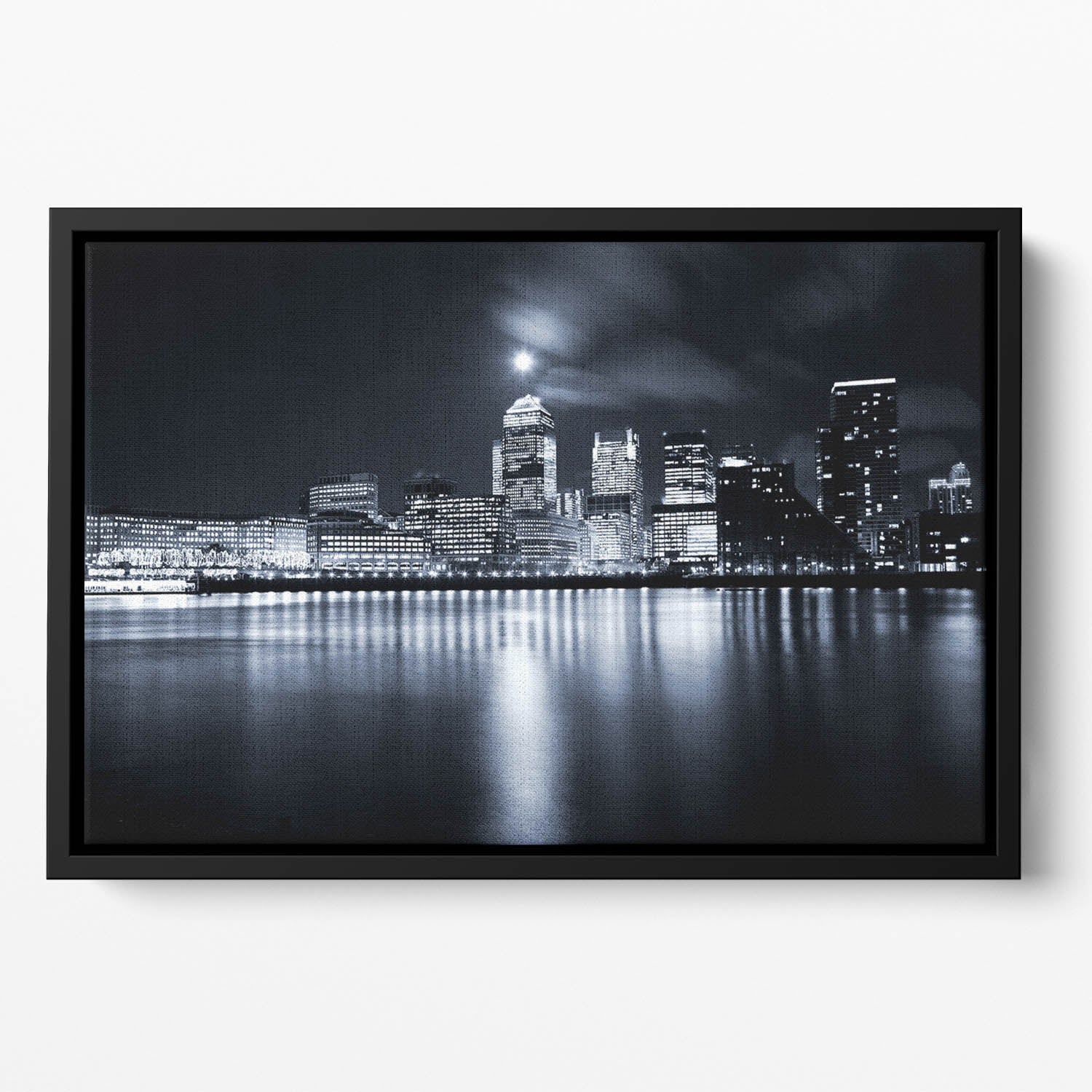 Full moon over London skyscrapers Floating Framed Canvas