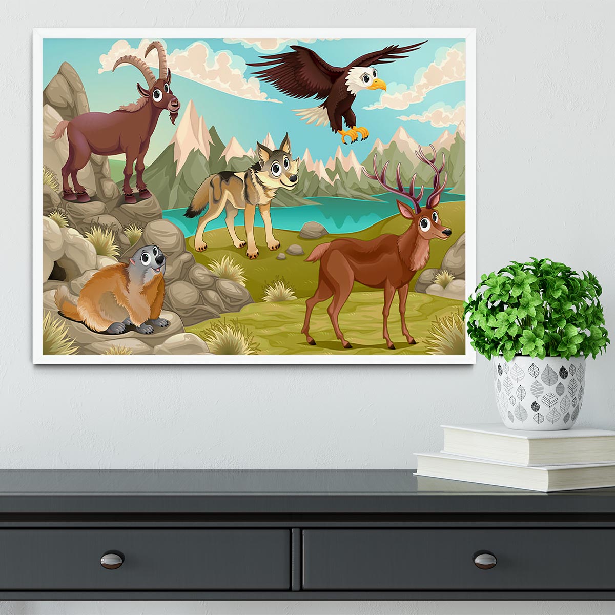 Funny animals in a mountain landscape Framed Print - Canvas Art Rocks -6