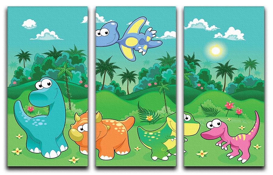 Funny dinosaurs in the forest 3 Split Panel Canvas Print - Canvas Art Rocks - 1