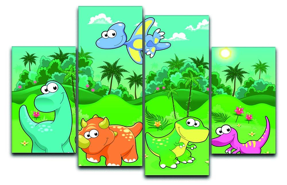 Funny dinosaurs in the forest 4 Split Panel Canvas  - Canvas Art Rocks - 1