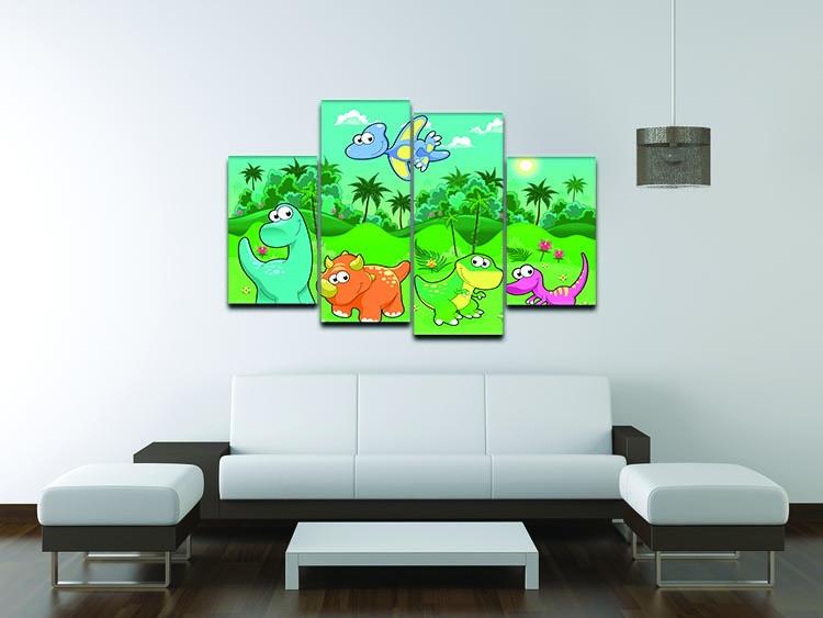 Funny dinosaurs in the forest 4 Split Panel Canvas - Canvas Art Rocks - 3