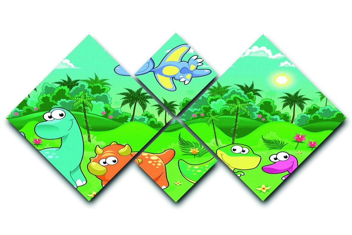 Funny dinosaurs in the forest 4 Square Multi Panel Canvas  - Canvas Art Rocks - 1