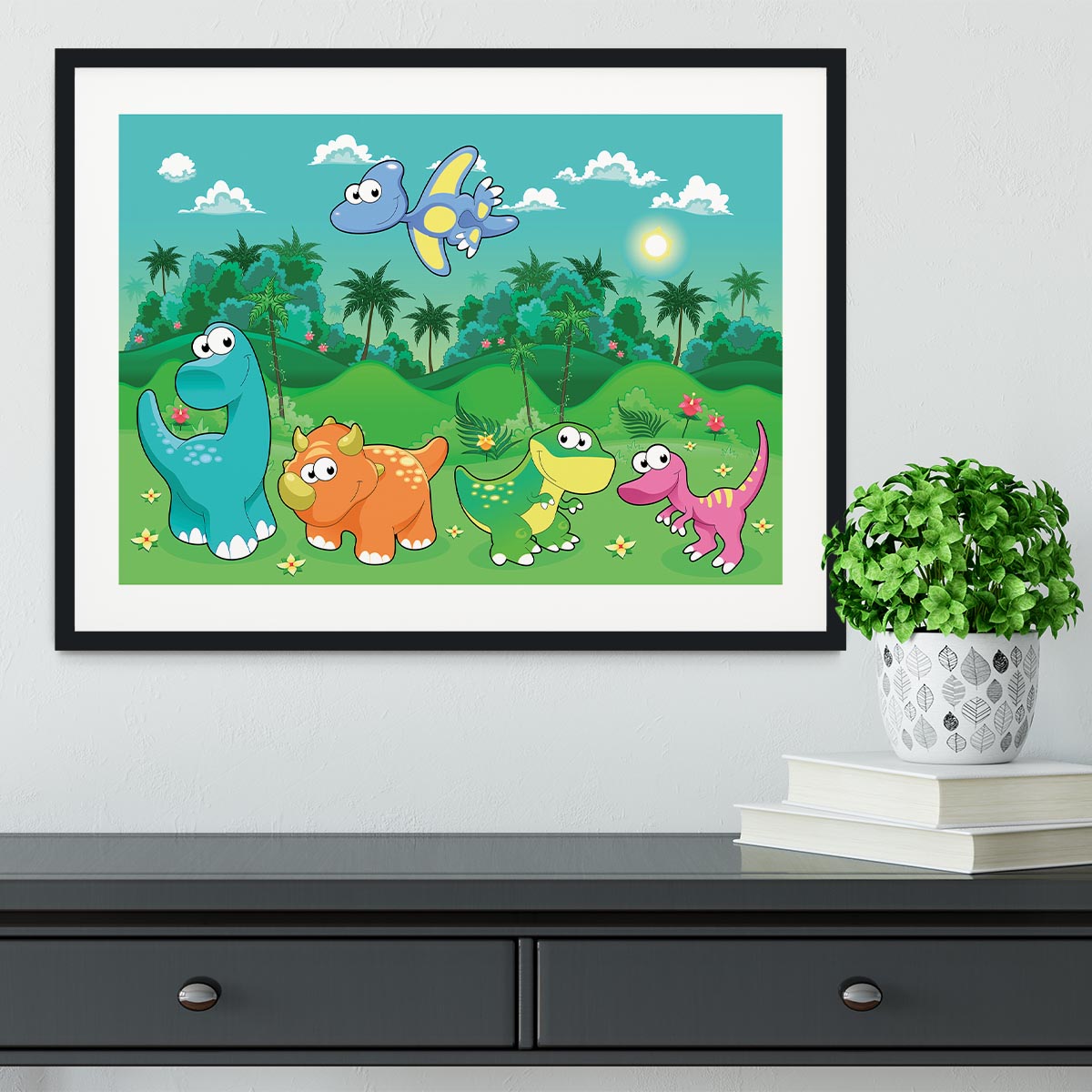 Funny dinosaurs in the forest Framed Print - Canvas Art Rocks - 1