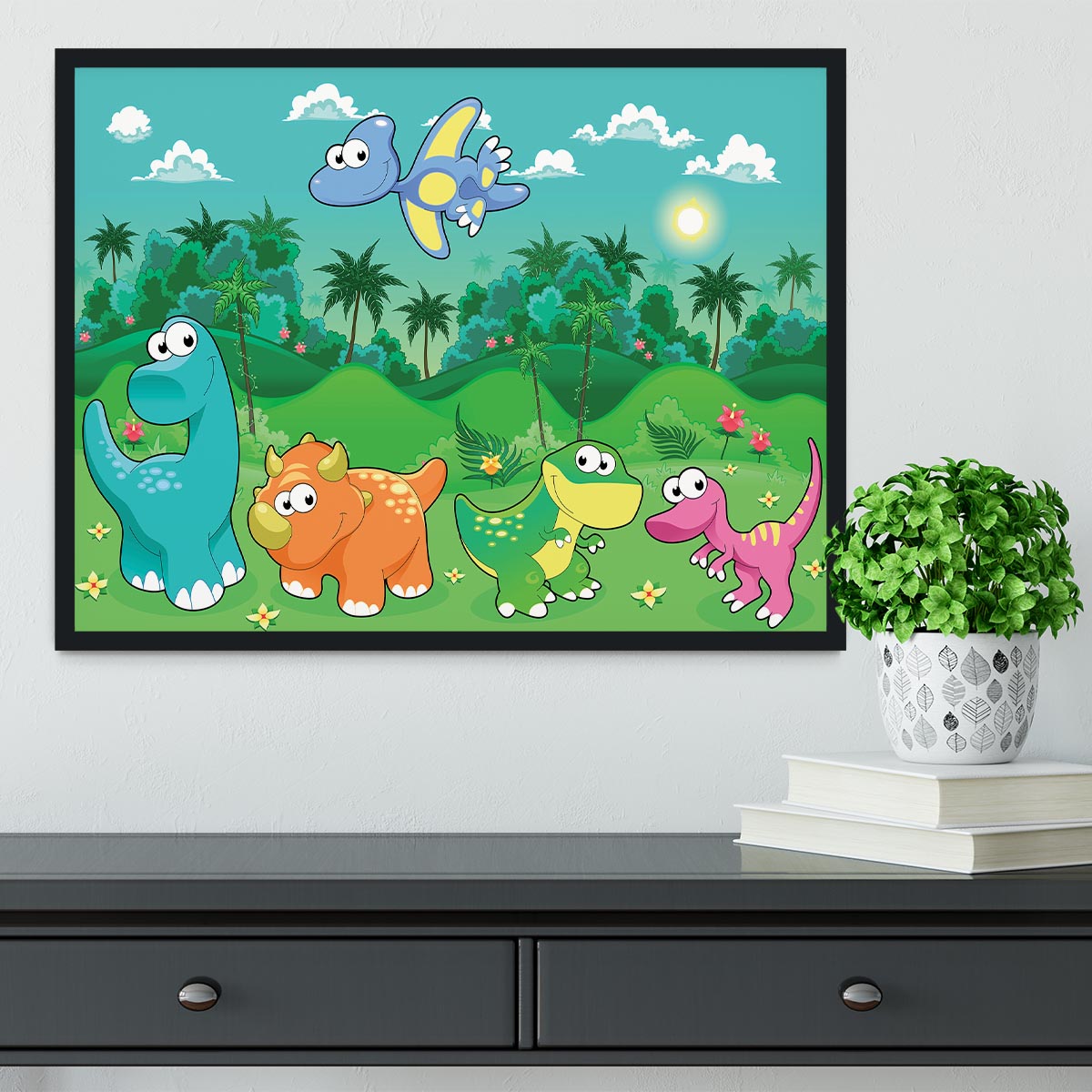Funny dinosaurs in the forest Framed Print - Canvas Art Rocks - 2