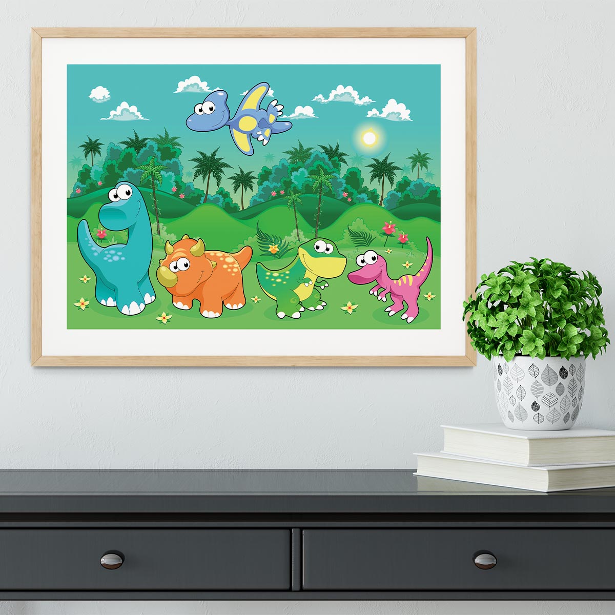 Funny dinosaurs in the forest Framed Print - Canvas Art Rocks - 3