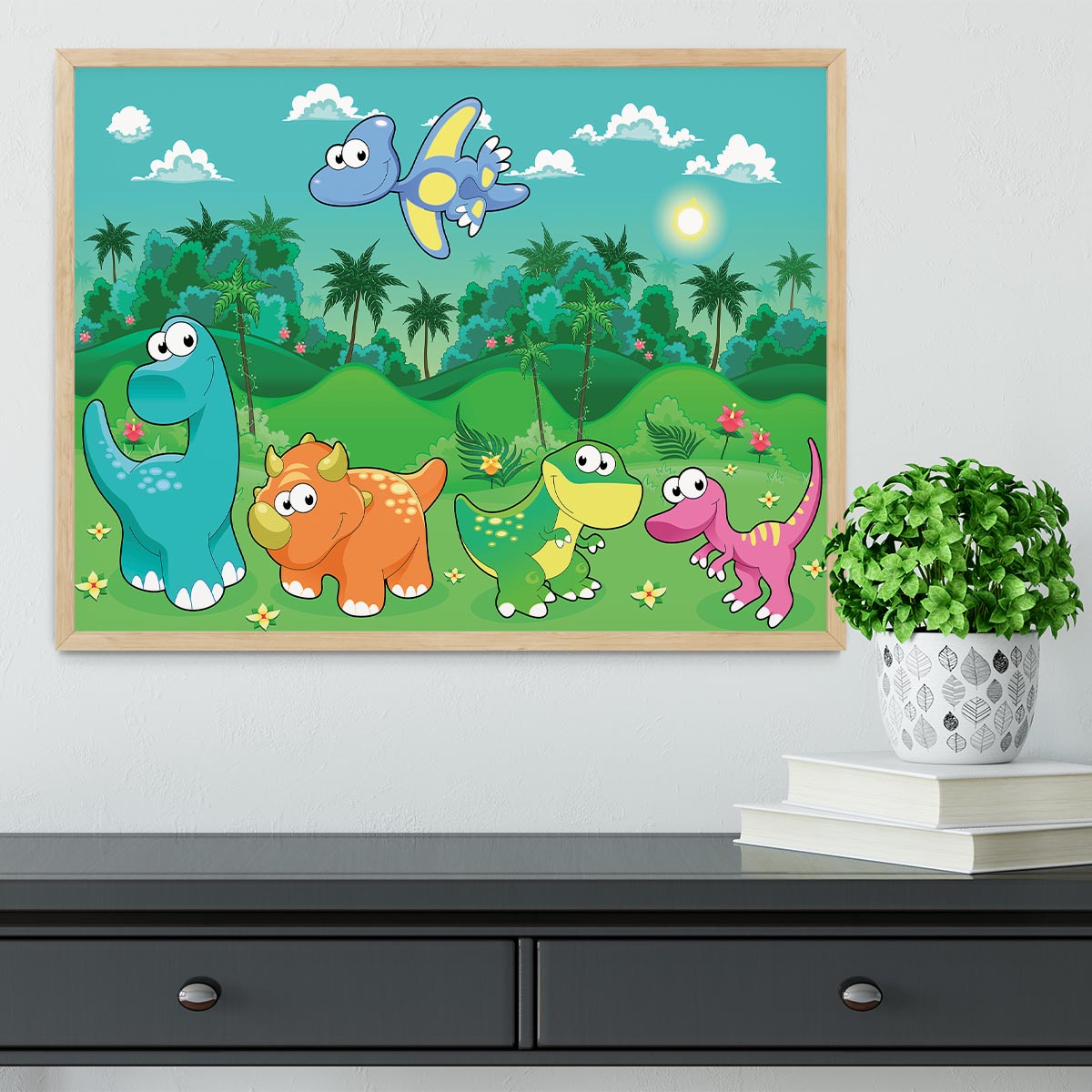 Funny dinosaurs in the forest Framed Print - Canvas Art Rocks - 4