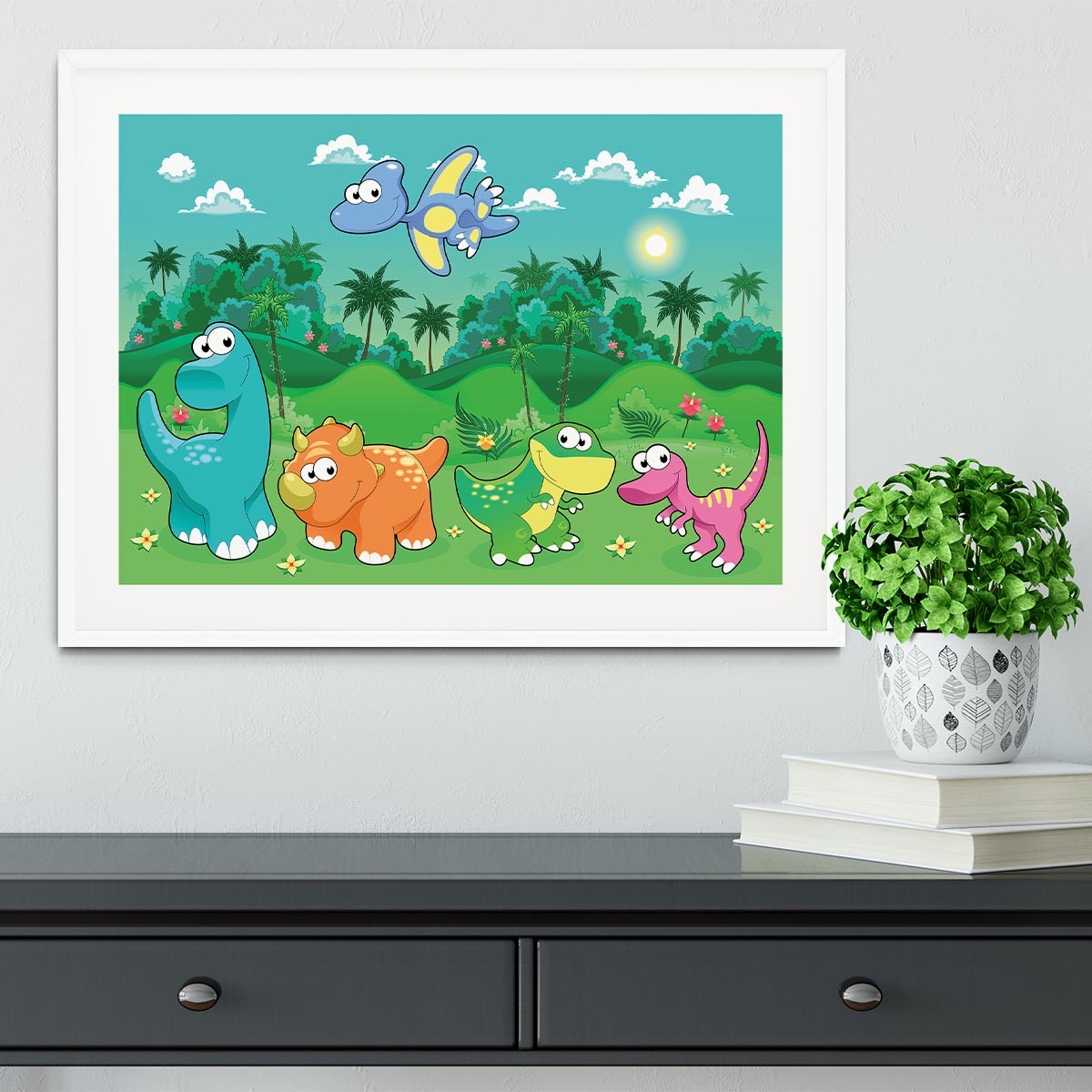 Funny dinosaurs in the forest Framed Print - Canvas Art Rocks - 5