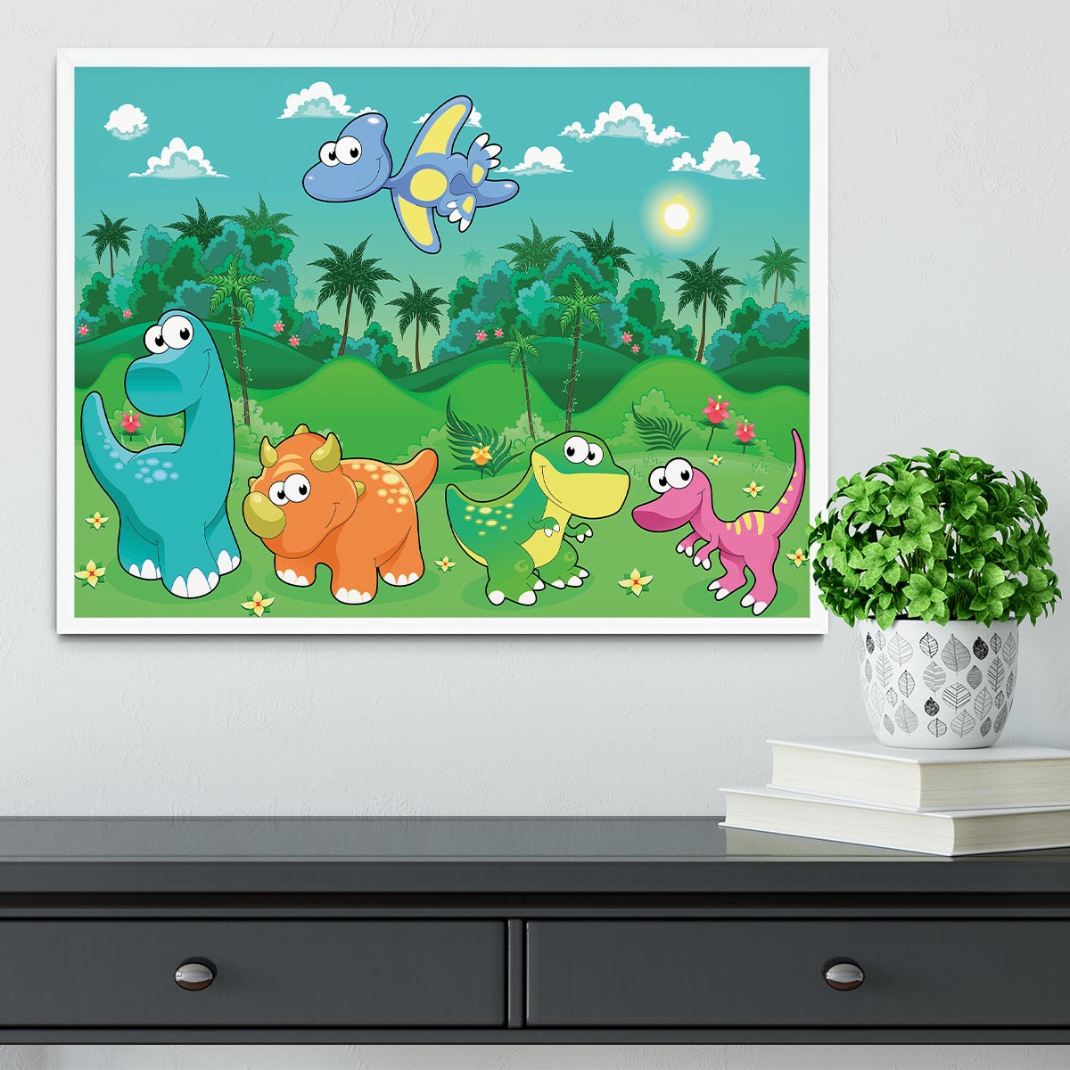 Funny dinosaurs in the forest Framed Print - Canvas Art Rocks -6