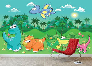 Funny dinosaurs in the forest Wall Mural Wallpaper - Canvas Art Rocks - 3