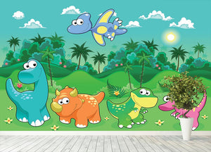 Funny dinosaurs in the forest Wall Mural Wallpaper - Canvas Art Rocks - 4