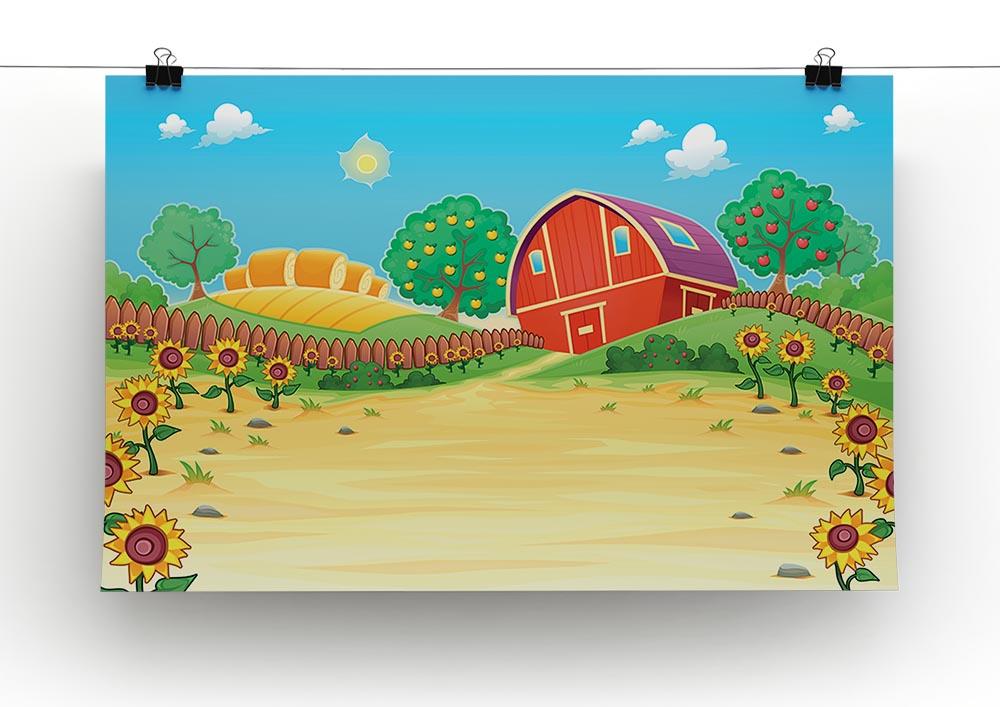 Funny landscape with the farm and sunflowers Canvas Print or Poster - Canvas Art Rocks - 2