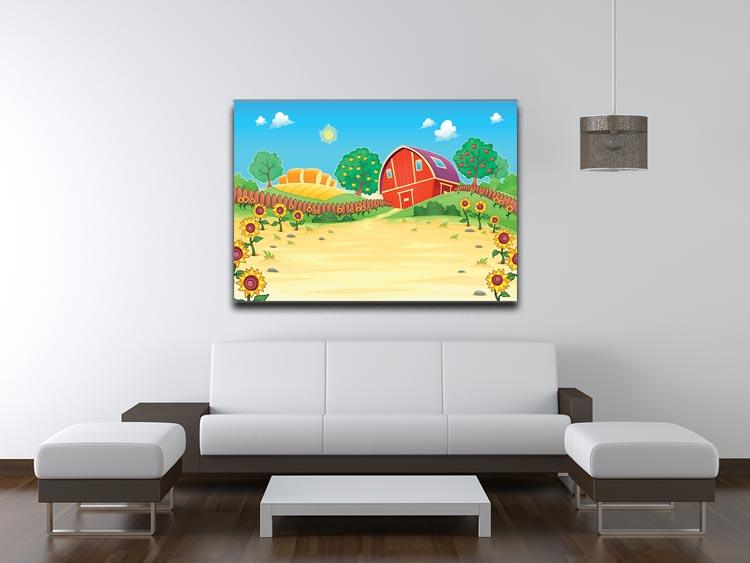 Funny landscape with the farm and sunflowers Canvas Print or Poster - Canvas Art Rocks - 4
