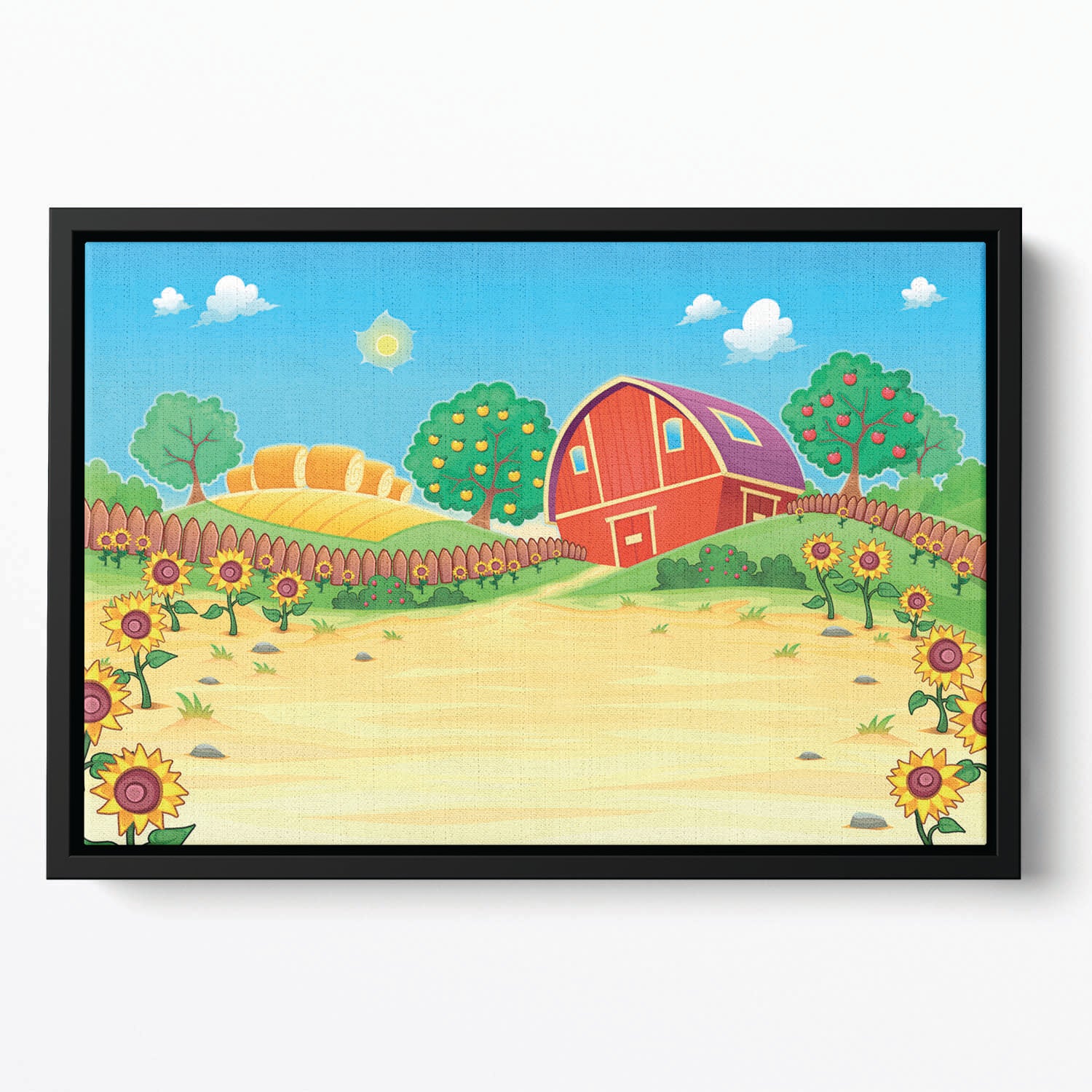 Funny landscape with the farm and sunflowers Floating Framed Canvas