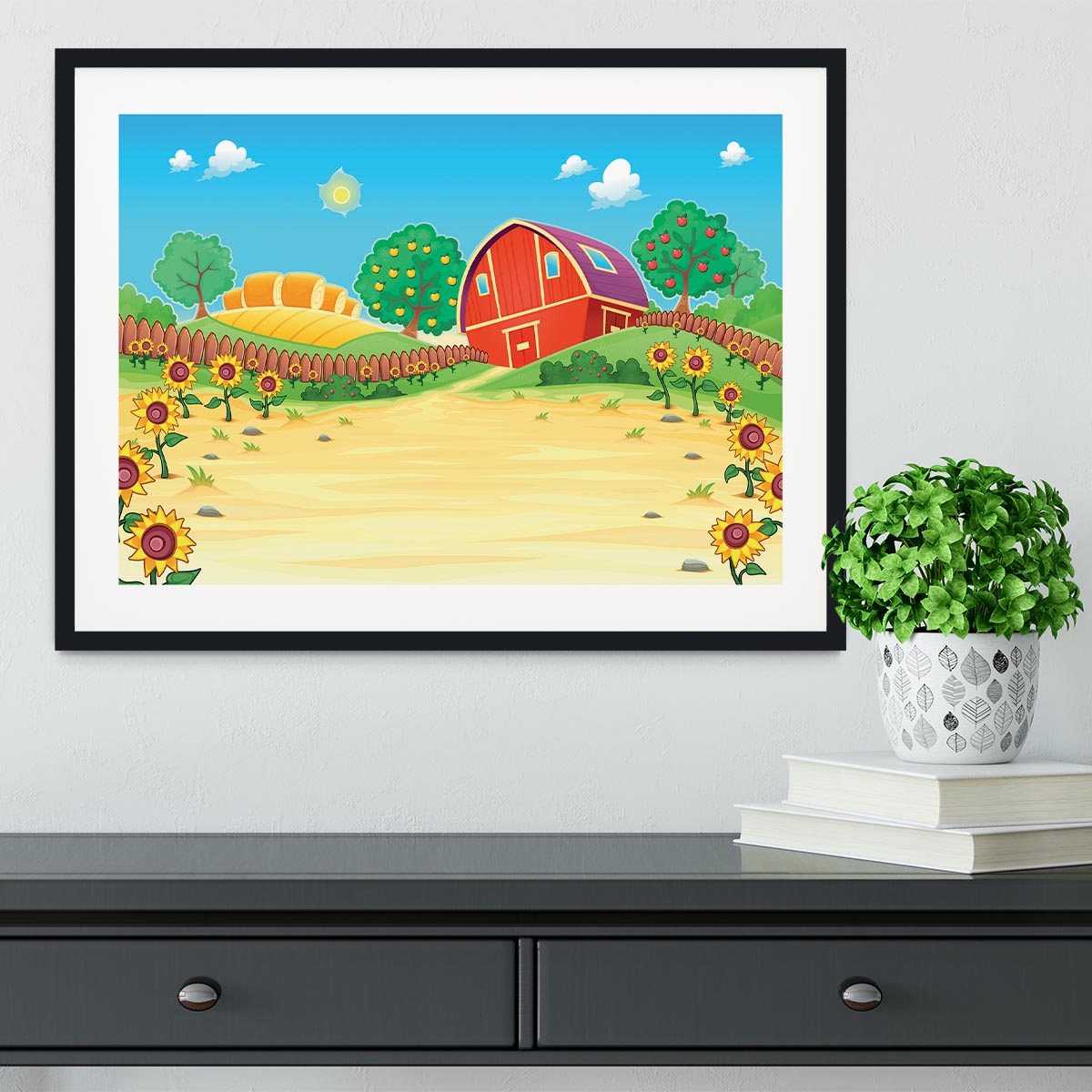 Funny landscape with the farm and sunflowers Framed Print - Canvas Art Rocks - 1