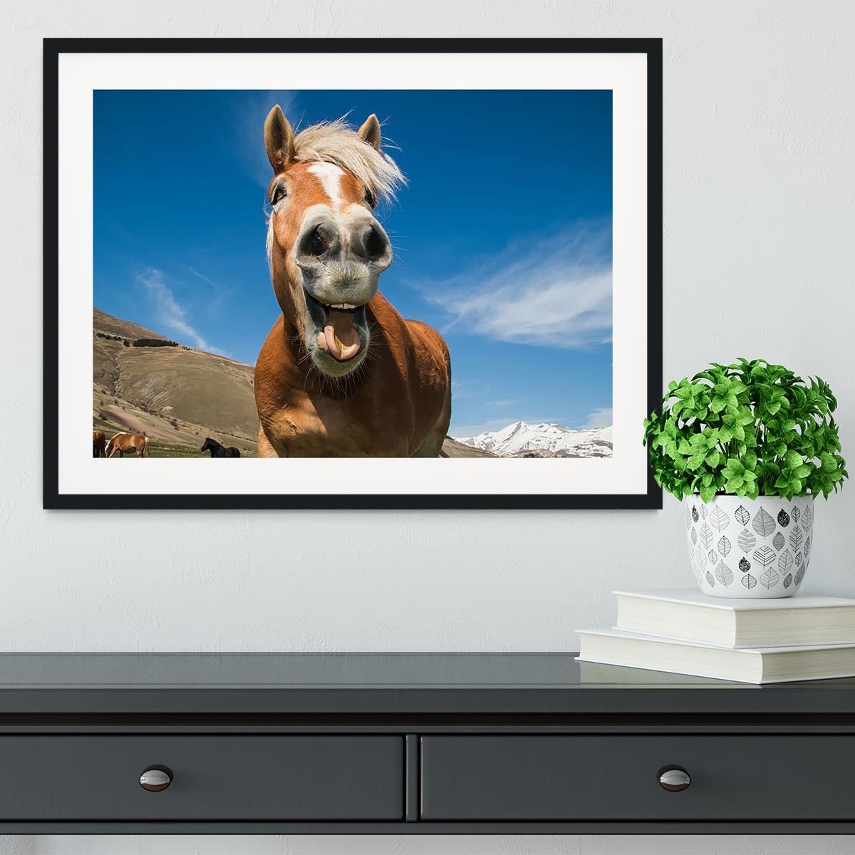 Funny shot of horse with crazy expression Framed Print - Canvas Art Rocks - 1