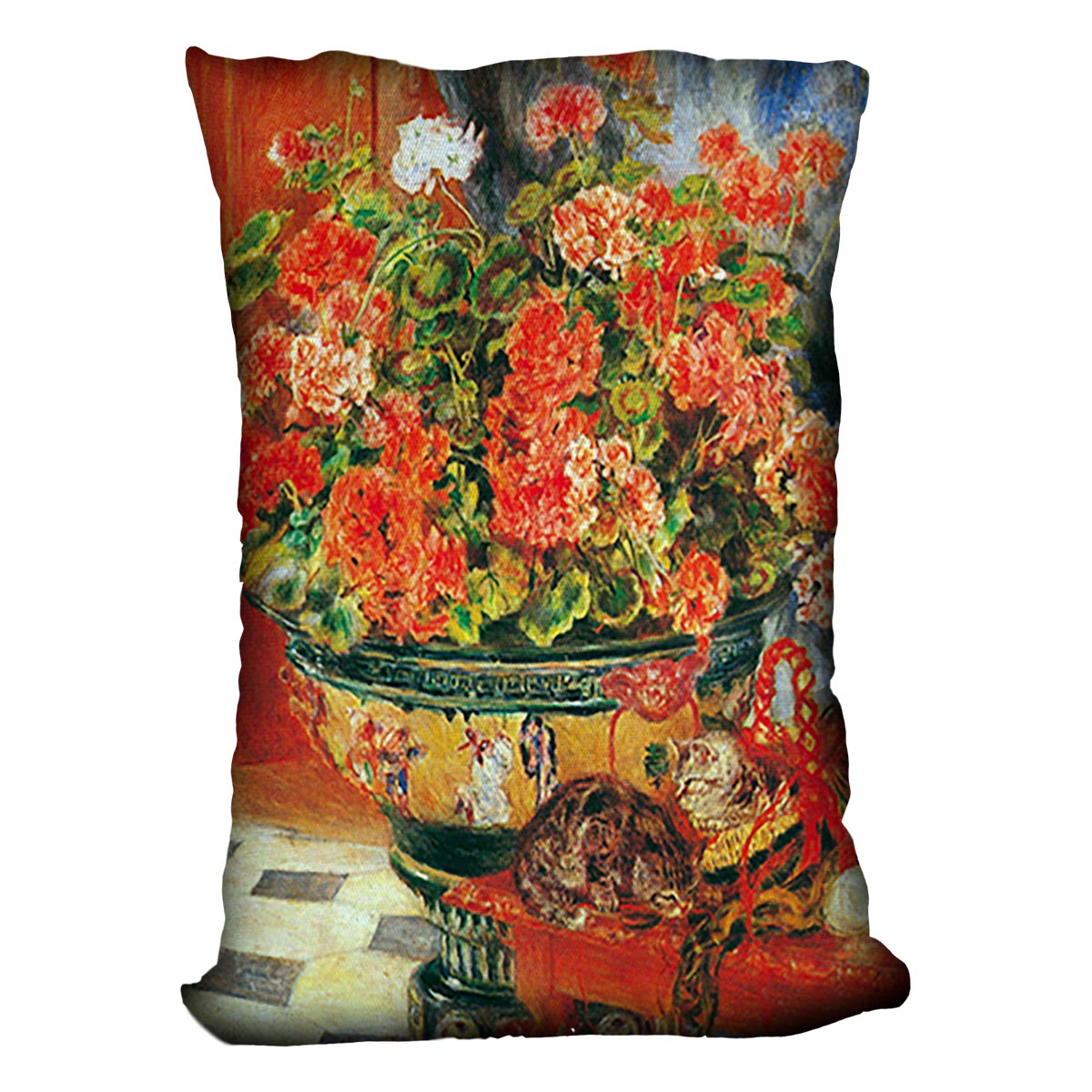 Geraniums and cats by Renoir Cushion
