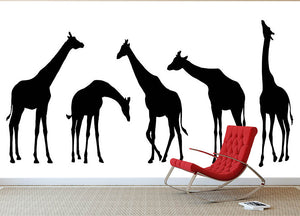 Giraffe silhouettes on the white background Wall Mural Wallpaper - Canvas Art Rocks - 2