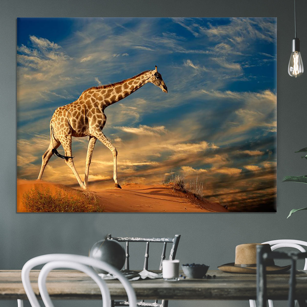 Giraffe walking on a sand dune with clouds South Africa Canvas Print or Poster - Canvas Art Rocks - 3