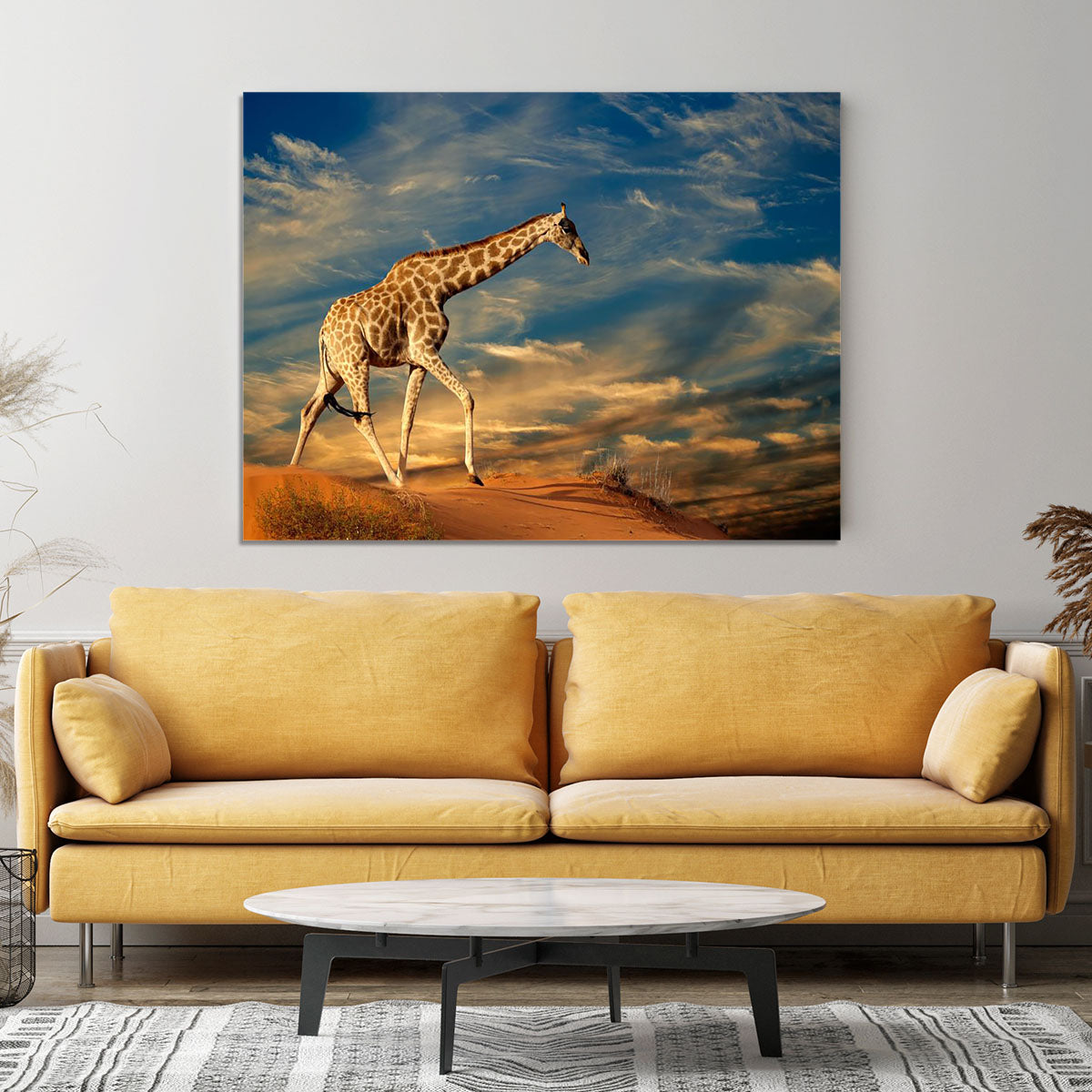 Giraffe walking on a sand dune with clouds South Africa Canvas Print or Poster - Canvas Art Rocks - 4