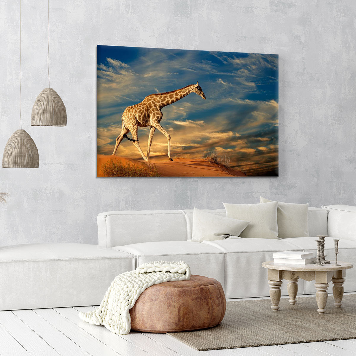 Giraffe walking on a sand dune with clouds South Africa Canvas Print or Poster - Canvas Art Rocks - 6