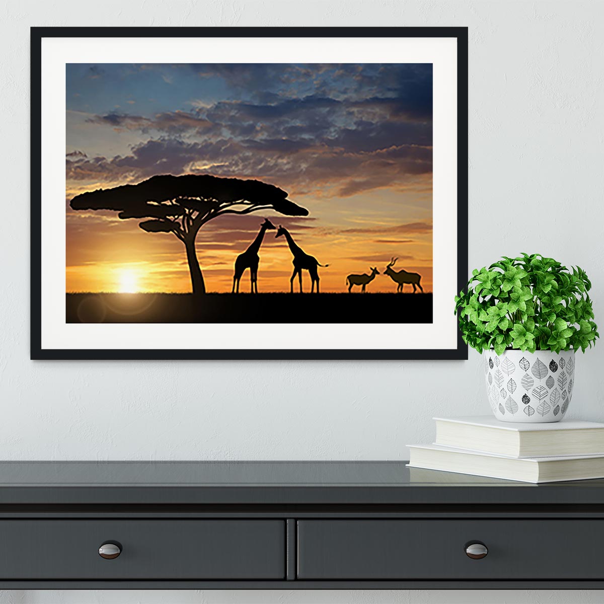 Giraffes with Kudu at sunset Framed Print - Canvas Art Rocks - 1
