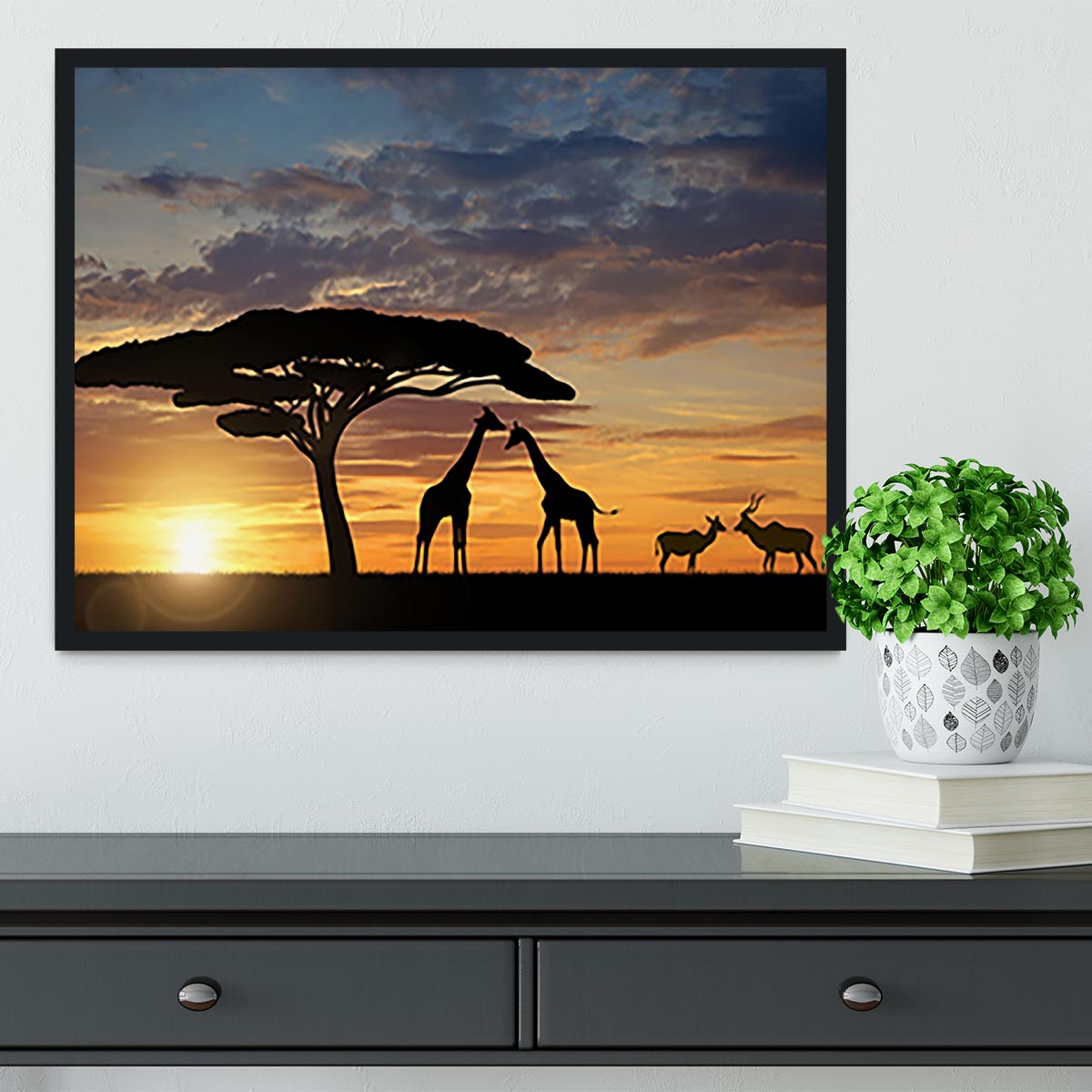 Giraffes with Kudu at sunset Framed Print - Canvas Art Rocks - 2