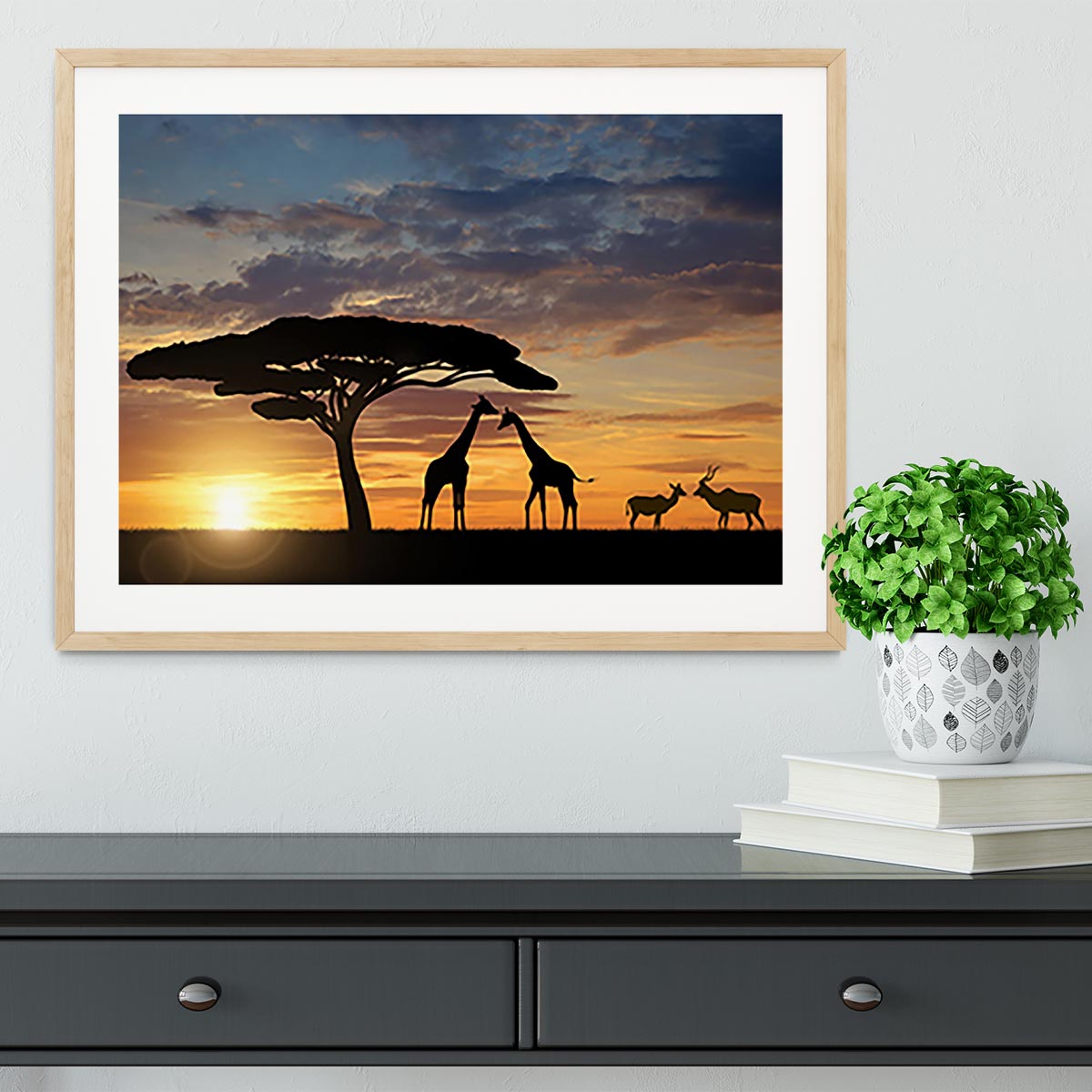 Giraffes with Kudu at sunset Framed Print - Canvas Art Rocks - 3