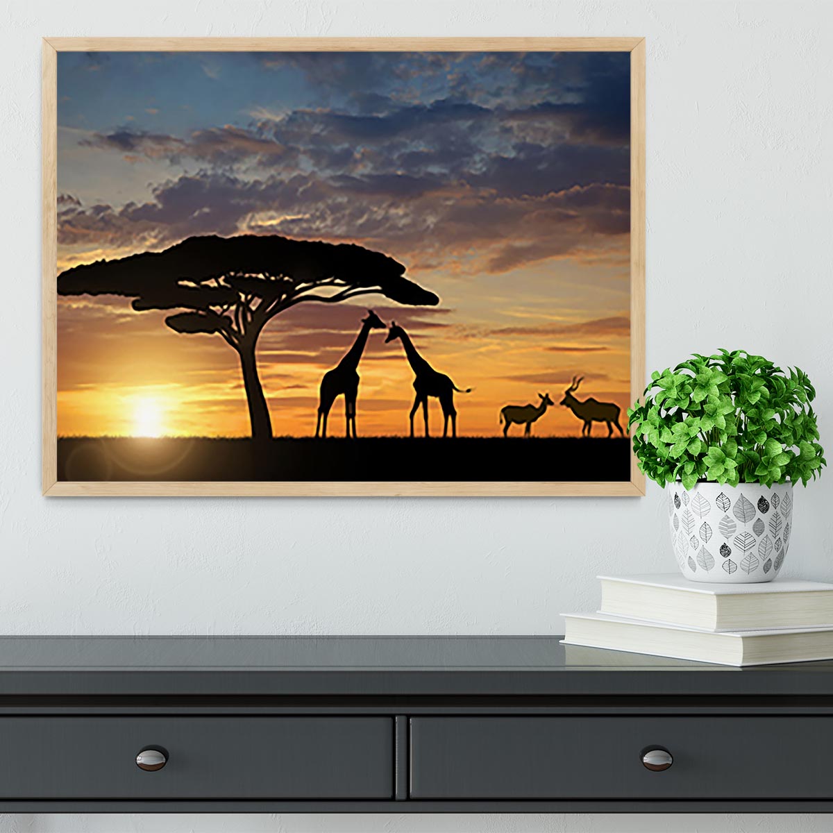 Giraffes with Kudu at sunset Framed Print - Canvas Art Rocks - 4