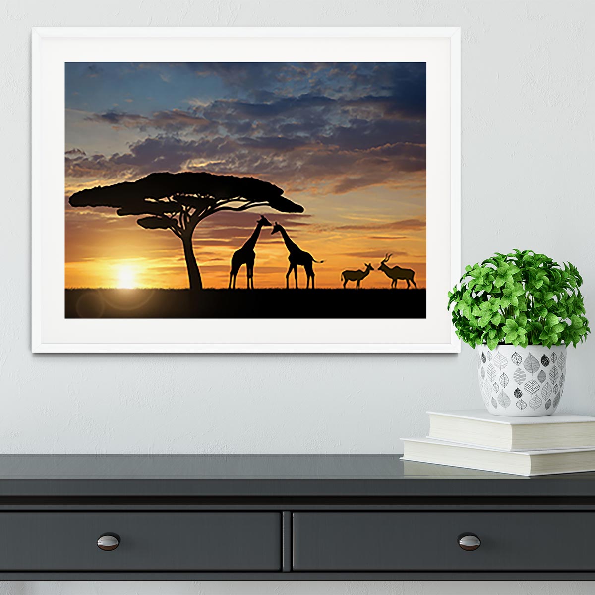 Giraffes with Kudu at sunset Framed Print - Canvas Art Rocks - 5