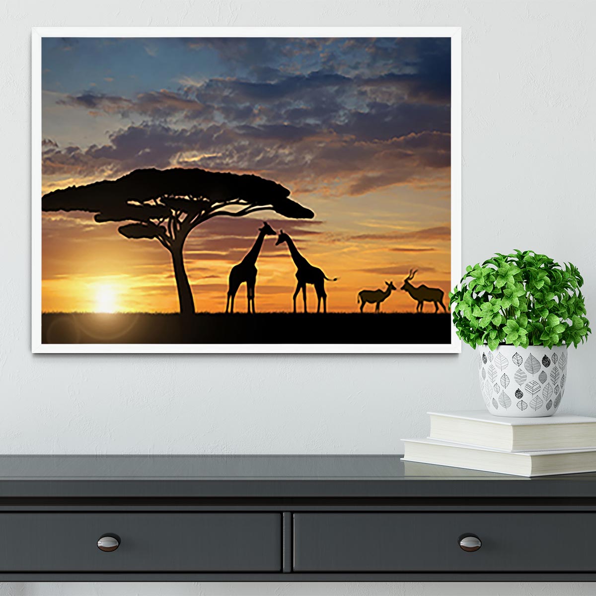 Giraffes with Kudu at sunset Framed Print - Canvas Art Rocks -6