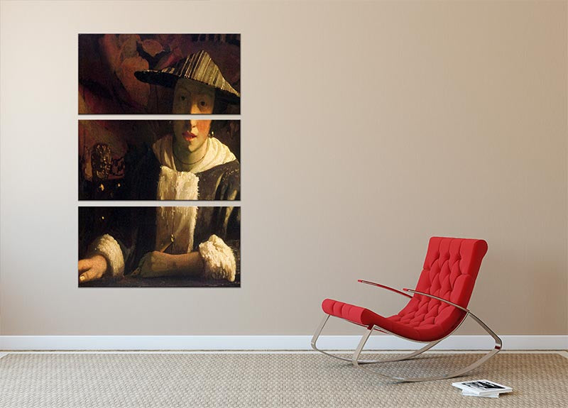 Girl with a flute by Vermeer 3 Split Panel Canvas Print - Canvas Art Rocks - 2