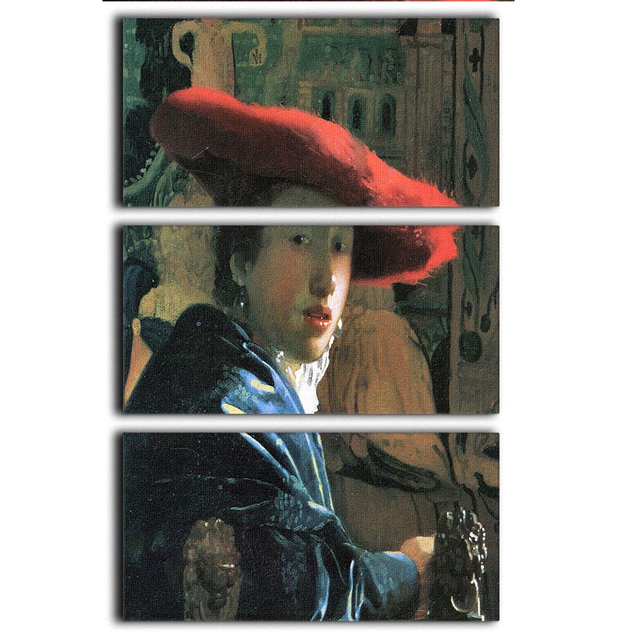 Girl with red hat by Vermeer 3 Split Panel Canvas Print - Canvas Art Rocks - 1