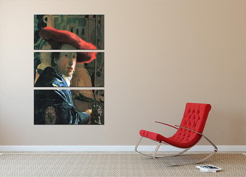 Girl with red hat by Vermeer 3 Split Panel Canvas Print - Canvas Art Rocks - 2