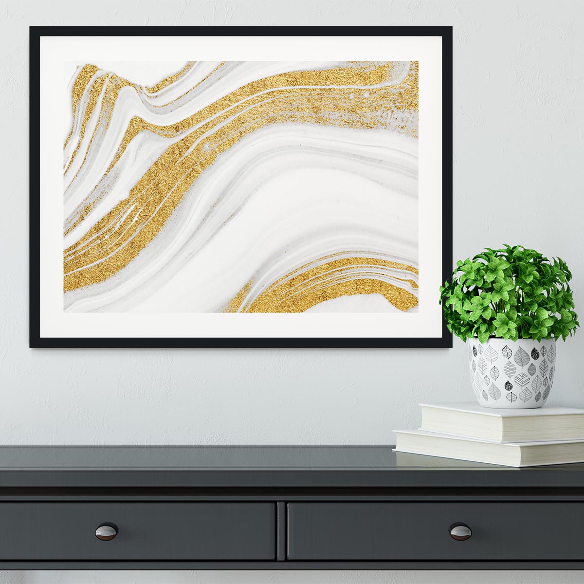 Gold White and Grey Marble Waves Framed Print - Canvas Art Rocks - 1