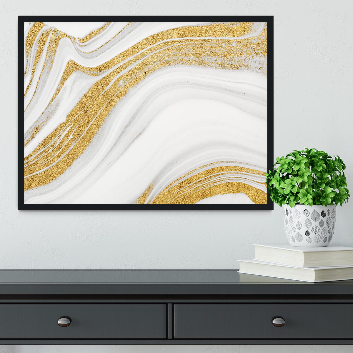 Gold White and Grey Marble Waves Framed Print - Canvas Art Rocks - 2
