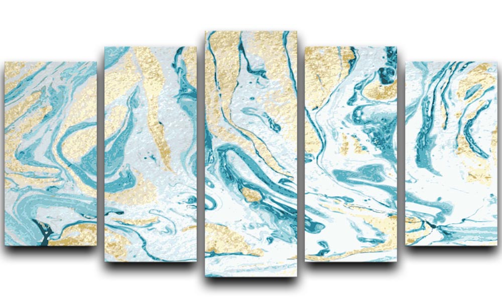 Gold and Teal Swirled Marble 5 Split Panel Canvas - Canvas Art Rocks - 1