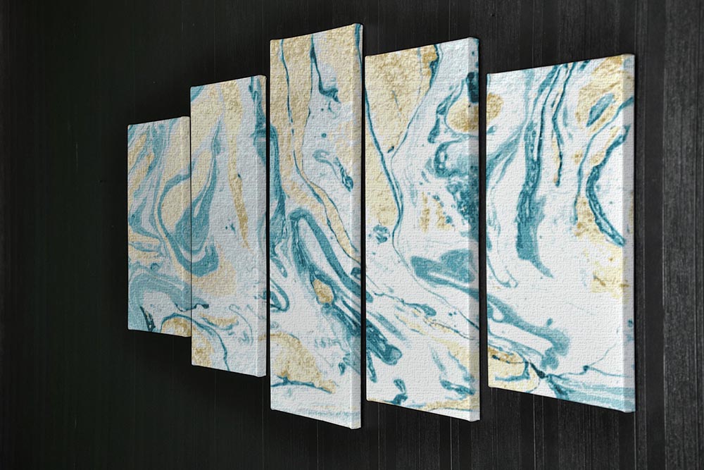 Gold and Teal Swirled Marble 5 Split Panel Canvas - Canvas Art Rocks - 2