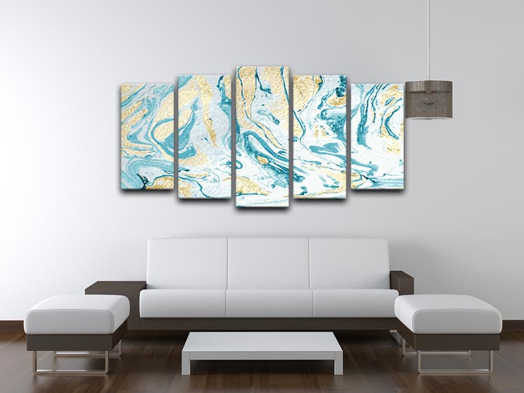 Gold and Teal Swirled Marble 5 Split Panel Canvas - Canvas Art Rocks - 3