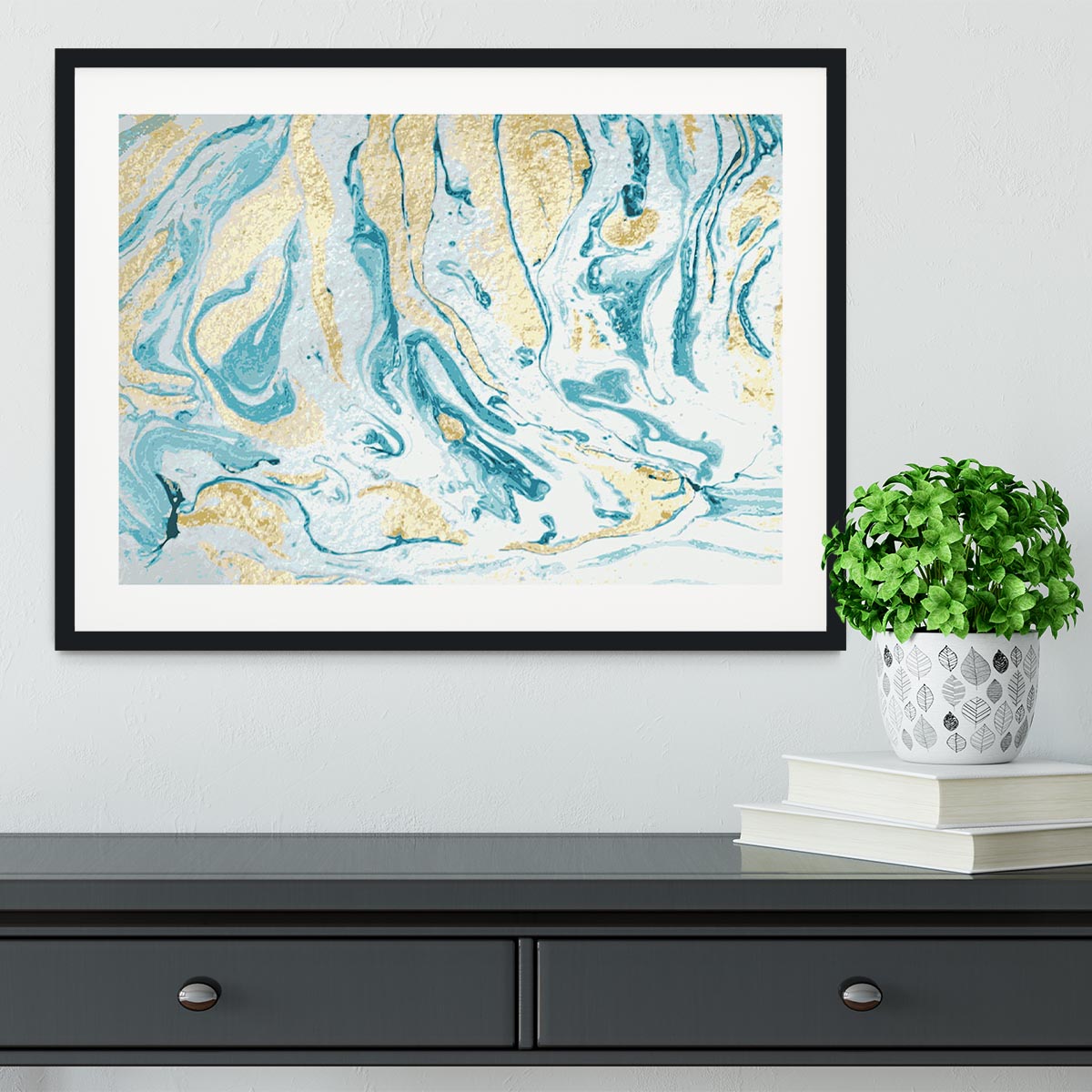 Gold and Teal Swirled Marble Framed Print - Canvas Art Rocks - 1