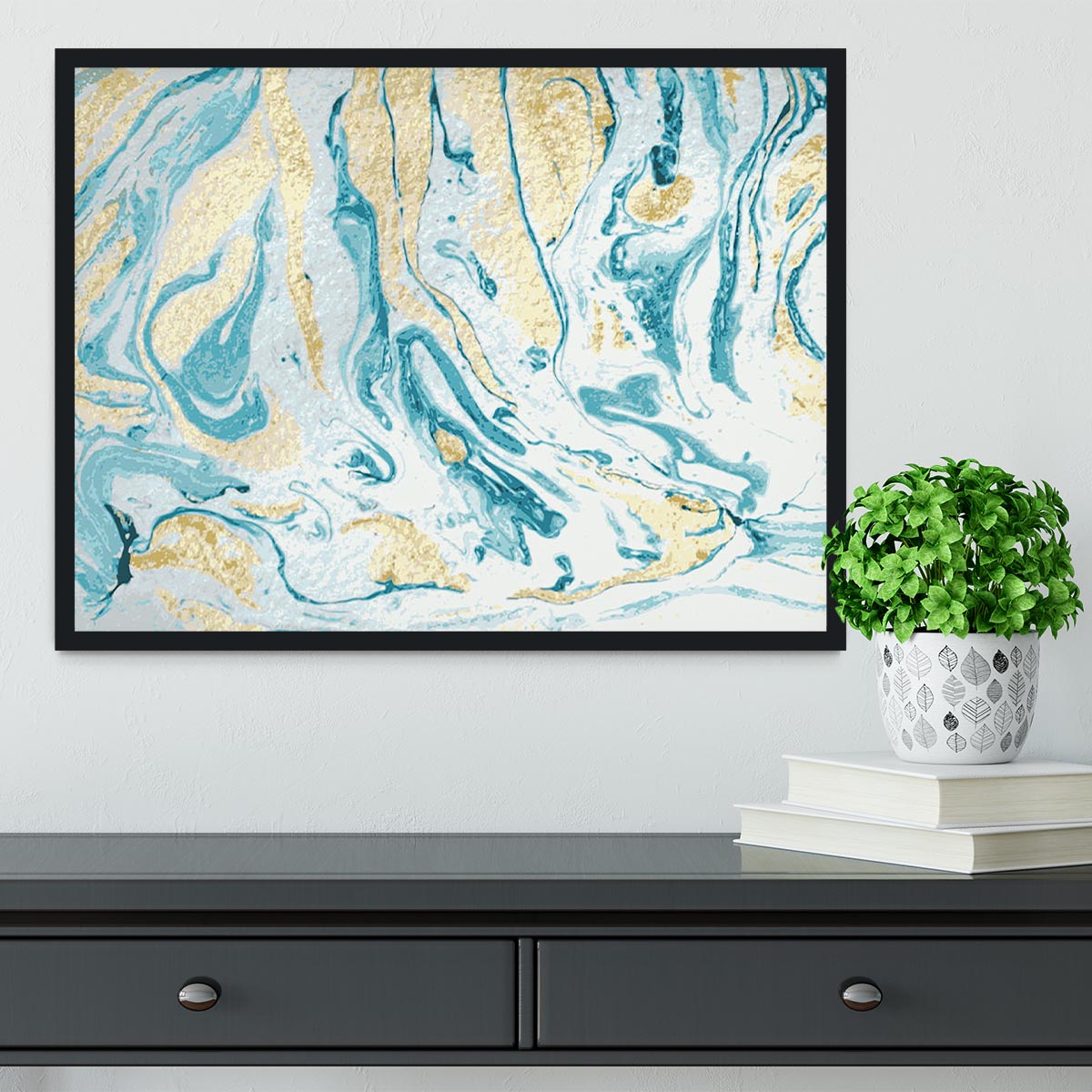 Gold and Teal Swirled Marble Framed Print - Canvas Art Rocks - 2
