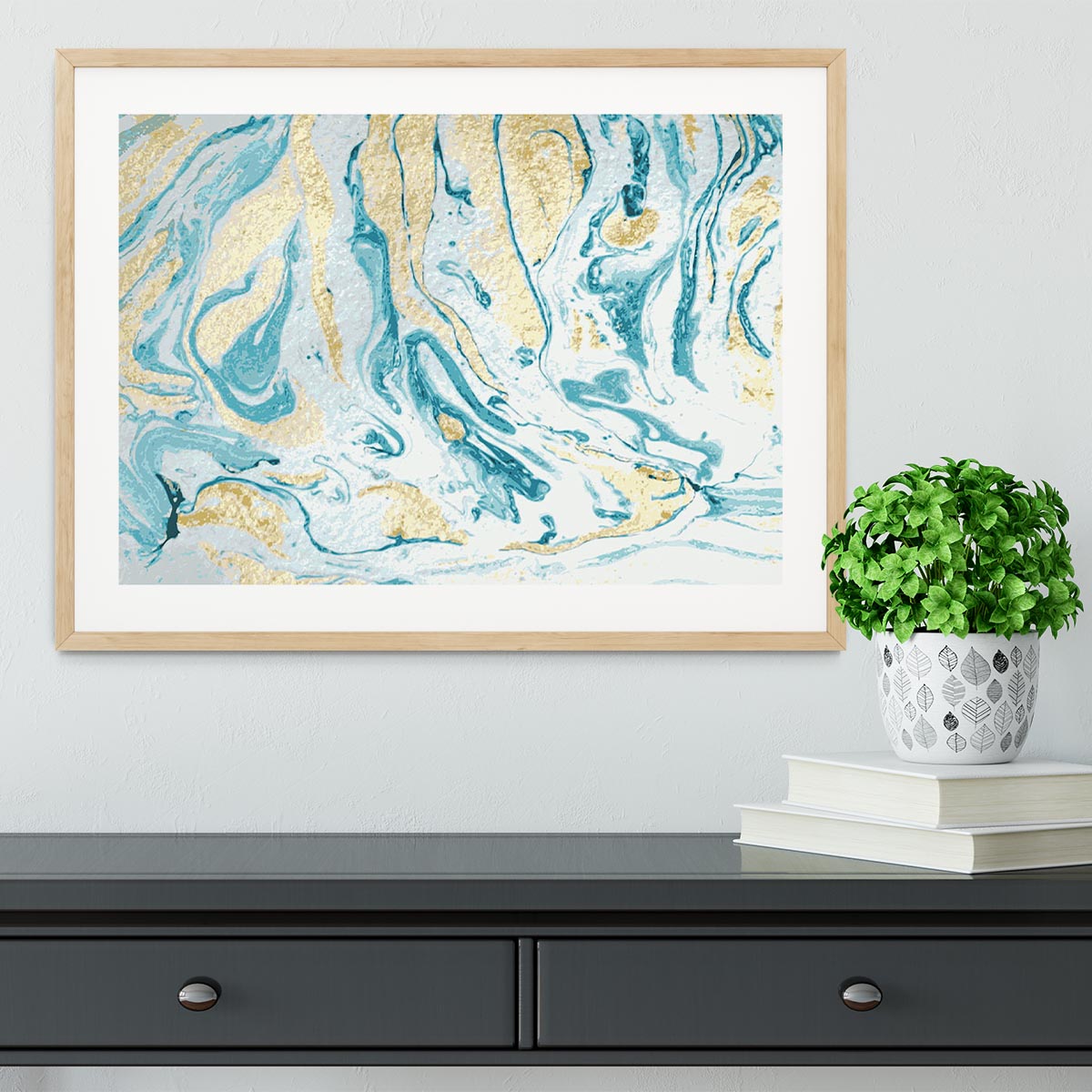 Gold and Teal Swirled Marble Framed Print - Canvas Art Rocks - 3
