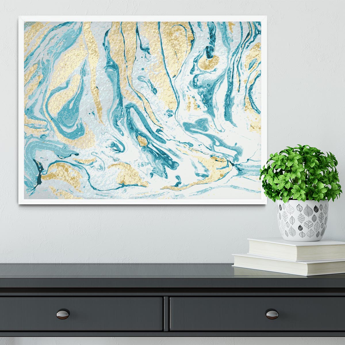 Gold and Teal Swirled Marble Framed Print - Canvas Art Rocks -6