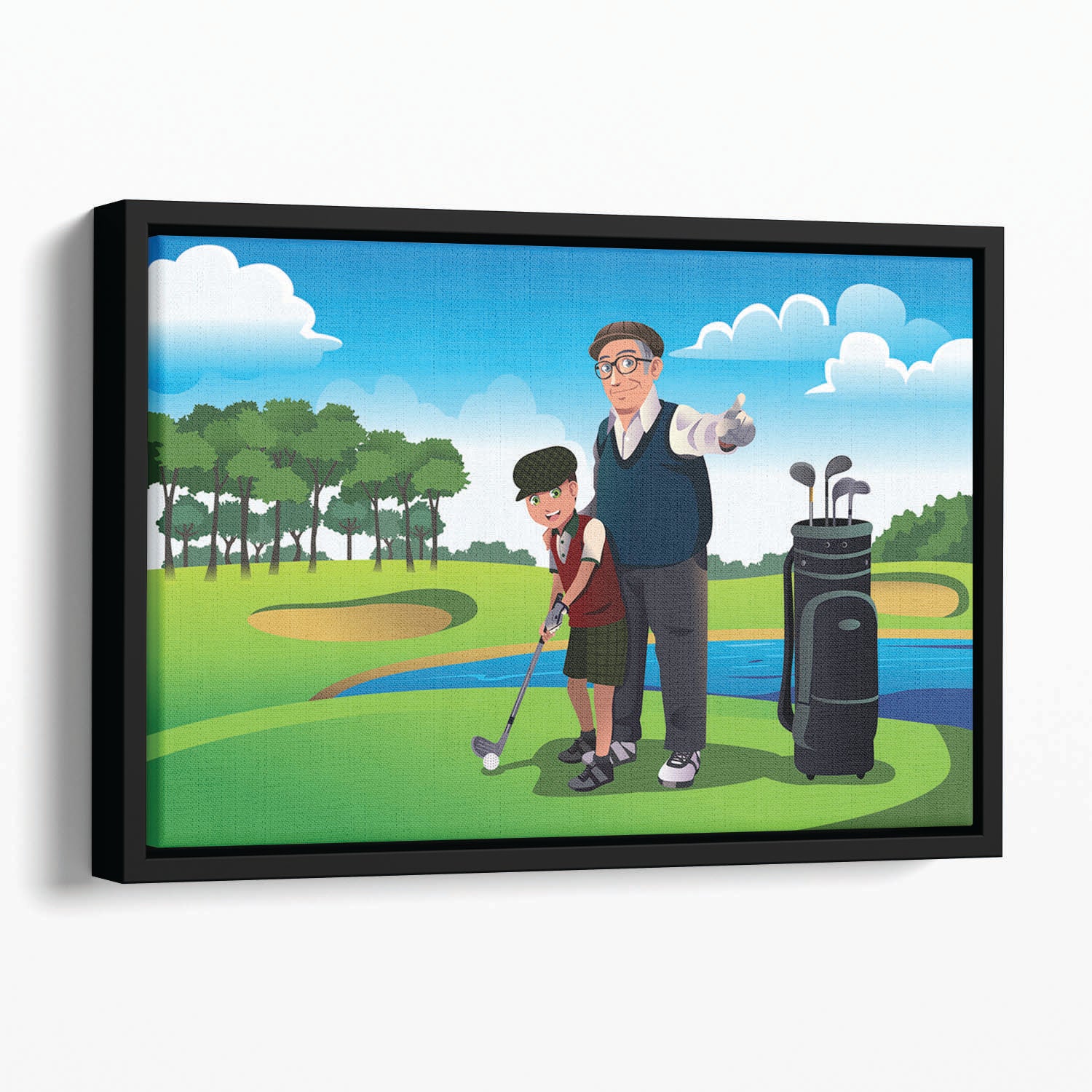 Grandfather teaching his grandson playing golf Floating Framed Canvas
