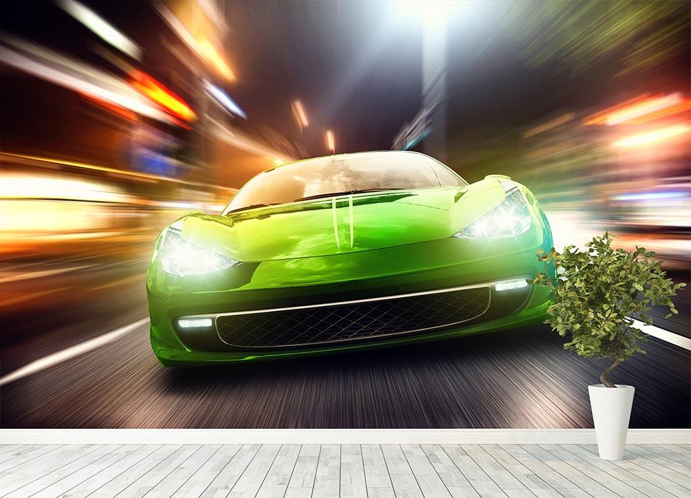 Green Race Car Wall Mural Wallpaper - Canvas Art Rocks - 4