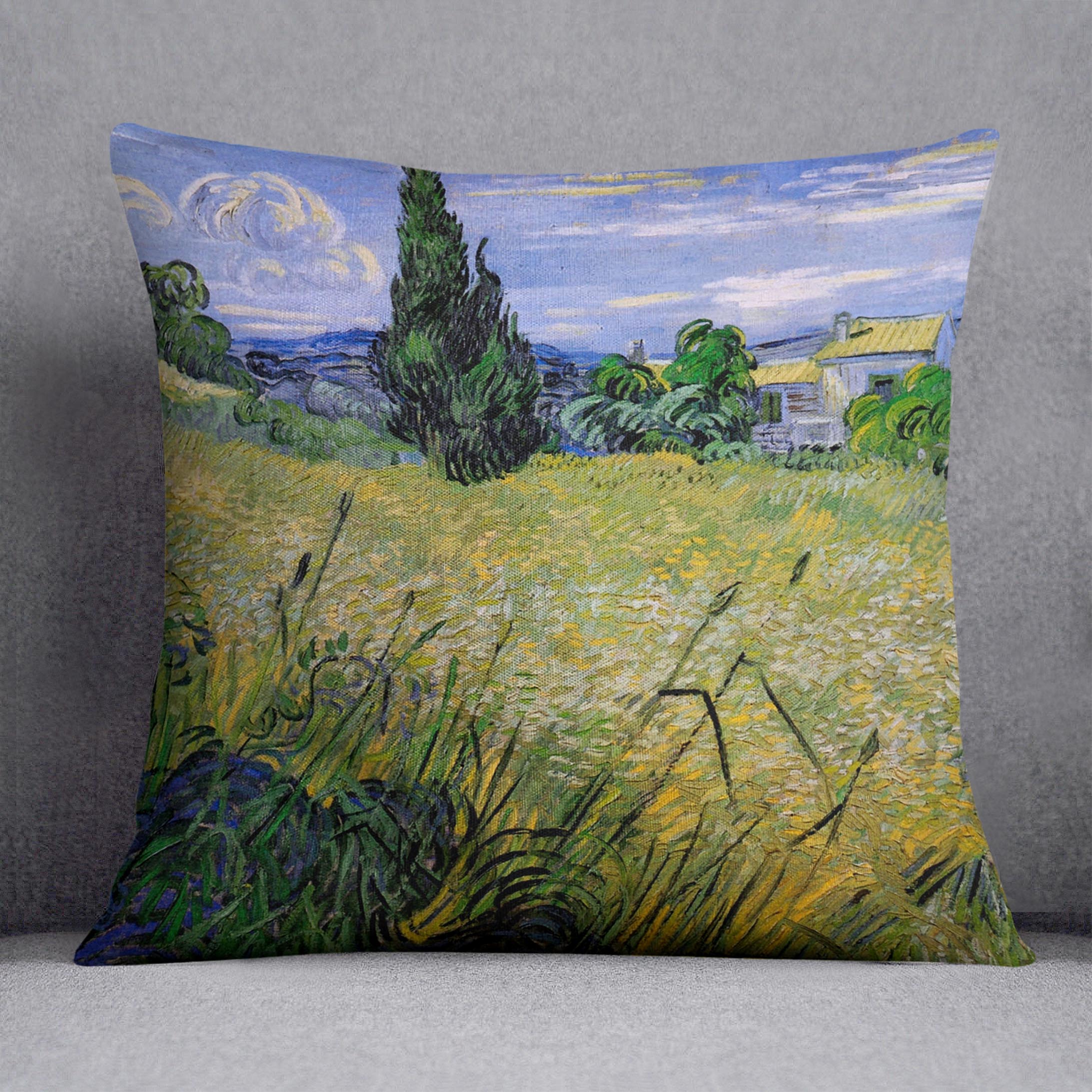 Green Wheat Field with Cypress by Van Gogh Cushion