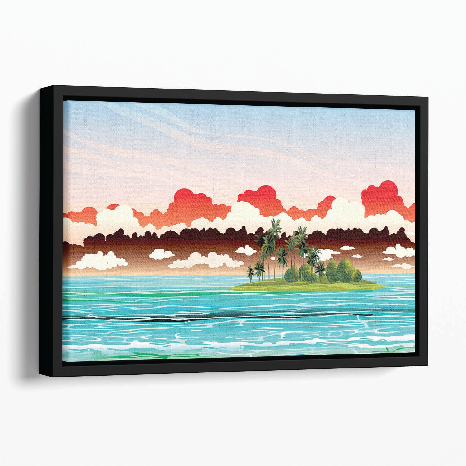 Green island with coconut palms Floating Framed Canvas
