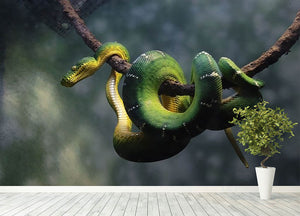 Green snake hangs on branch Wall Mural Wallpaper - Canvas Art Rocks - 4
