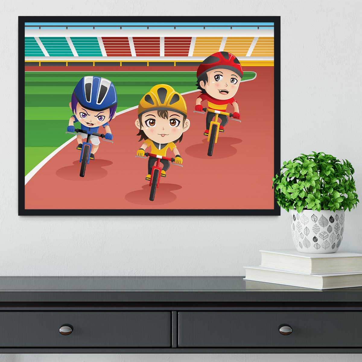 Happy kids in a bicycle race Framed Print - Canvas Art Rocks - 2