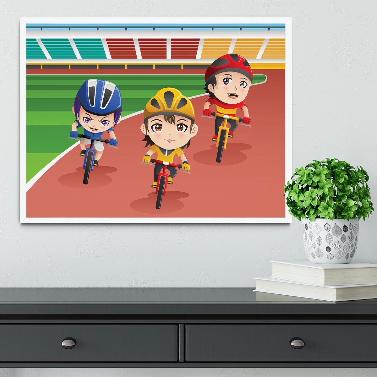 Happy kids in a bicycle race Framed Print - Canvas Art Rocks -6